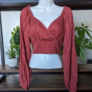 Pacsun La Hearts Red Long Sleeve Cropped Top w/ White Flowers